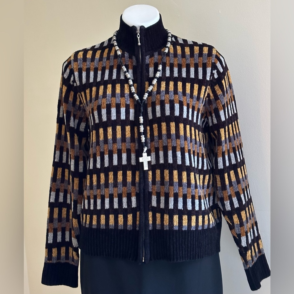Rafaela Vintage Black Brown Gray Tan Short Cardigan Comfy Sweater Zip Up SZ L